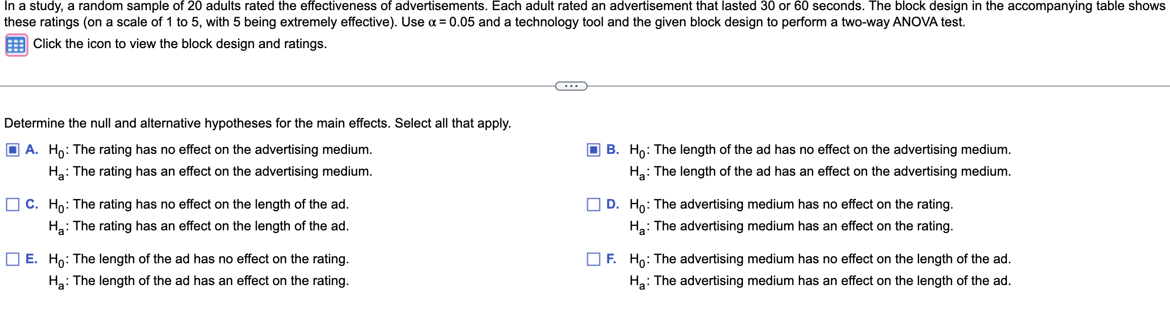 these ratings (on a scale of 1 to 5 , with 5 being extremely effective). Use \( \alpha=0.05 \) and a technology tool and the