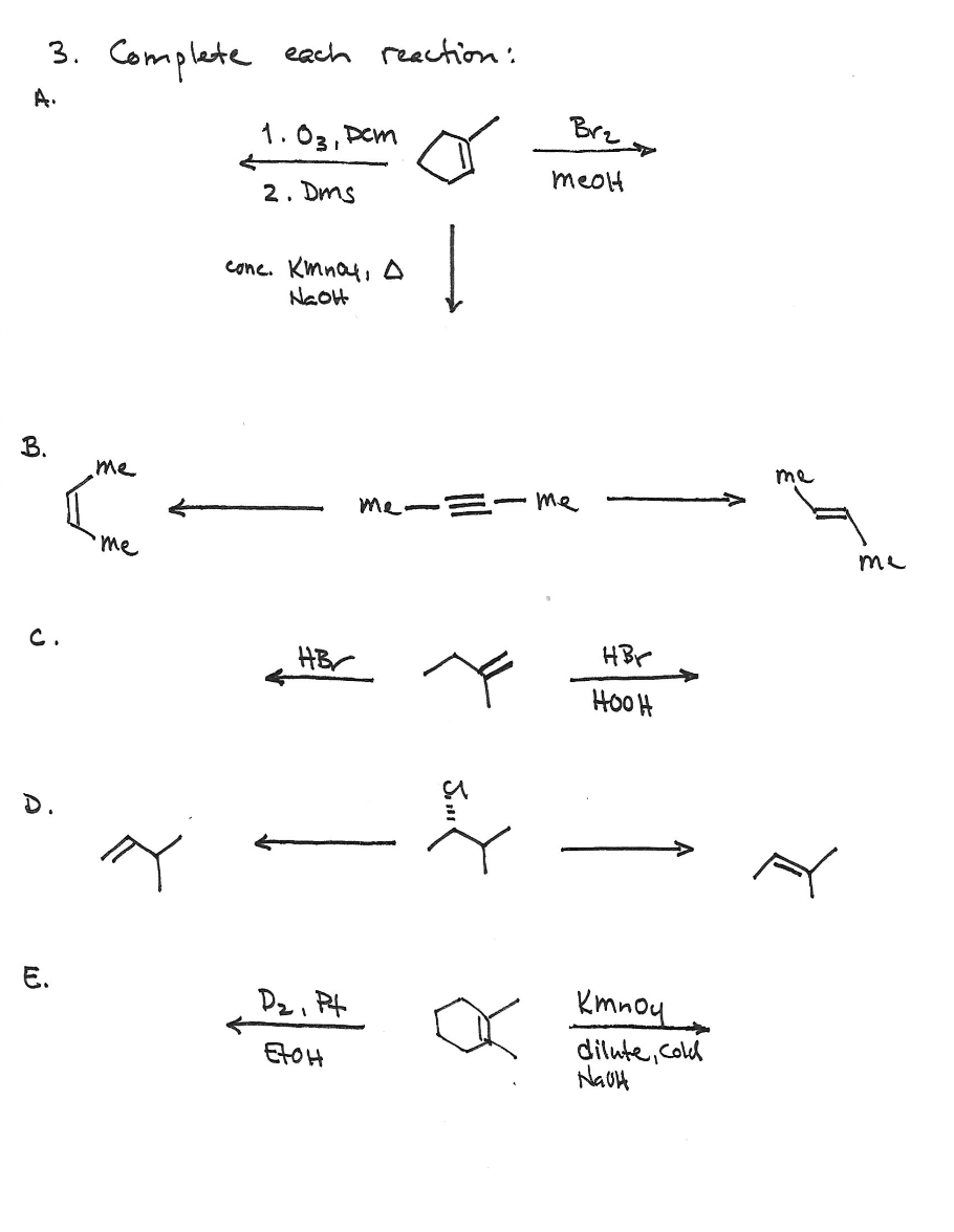 Solved 3. Complete each reaction: A. 1. 03, Dom Bra meoll 2. | Chegg.com