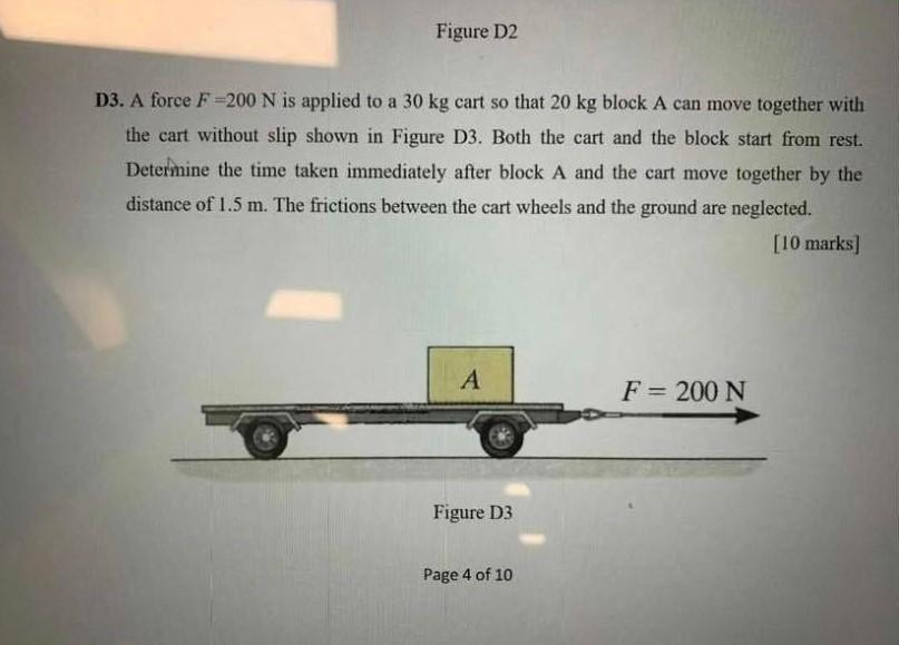 Solved Figure D2 D3. A force F=200 N is applied to a 30 kg | Chegg.com