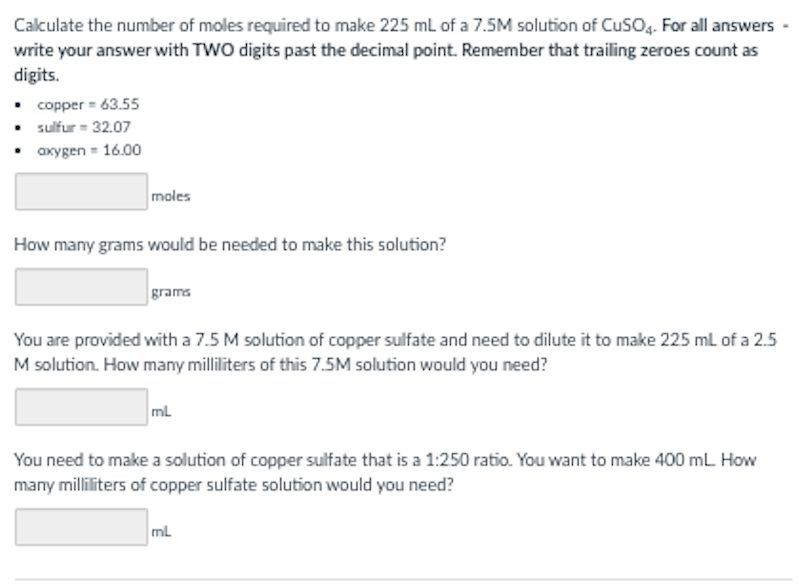 Solved Calculate the number of moles required to make 225 mL | Chegg.com