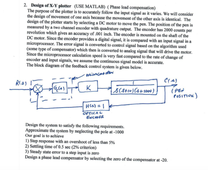 Solved Design of X-Y plotter (USE MATLAB) (Phase lead | Chegg.com