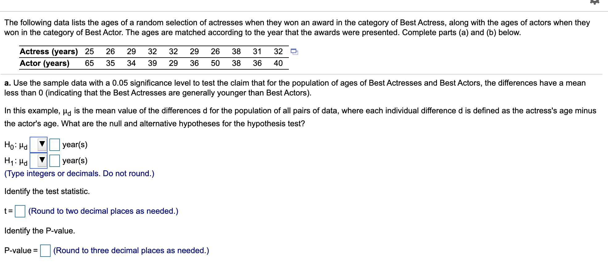 Solved The lists represent the age of actors (M) and