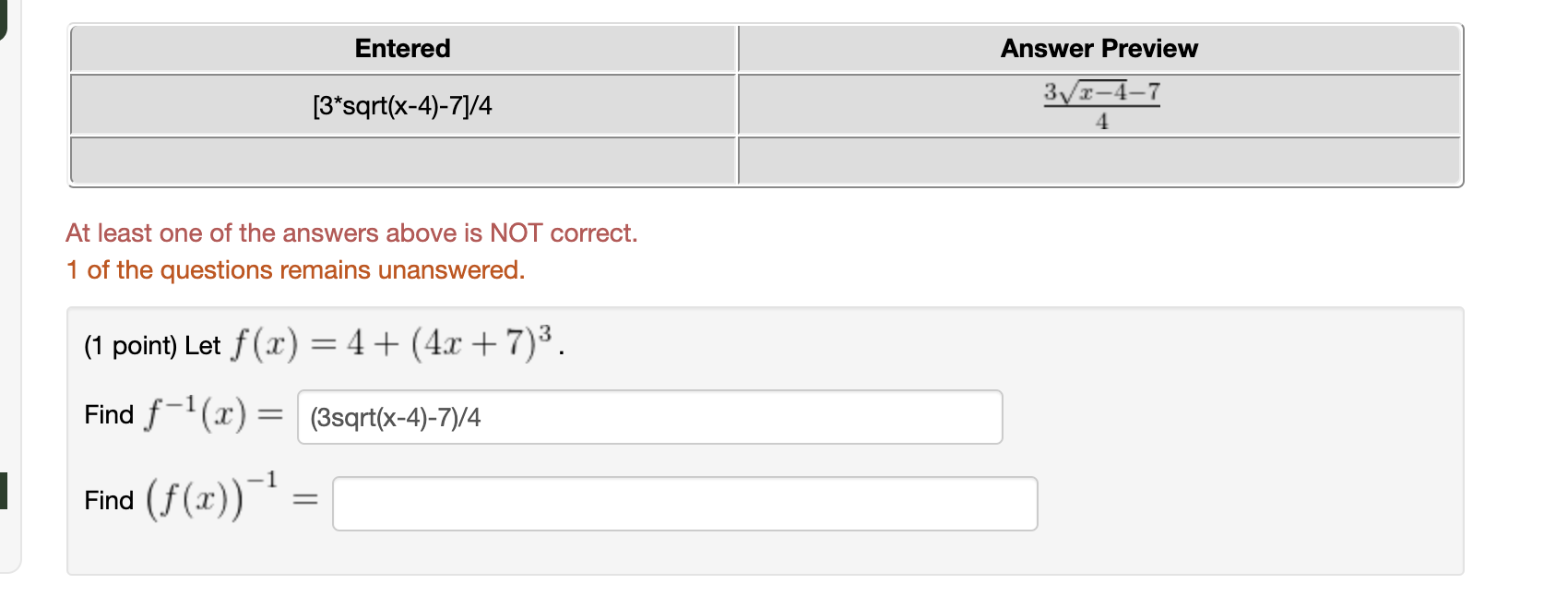 Solved Entered Answer Preview 317-4-7 4 [3*sqrt(x-4)-7]/4 At | Chegg.com