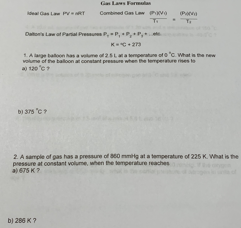 Solved Gas Laws Formulas Ideal Gas Law PV = nRT Combined Gas