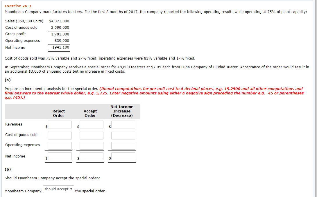 Solved Exercise 26-3 Moonbeam Company manufactures toasters. | Chegg.com