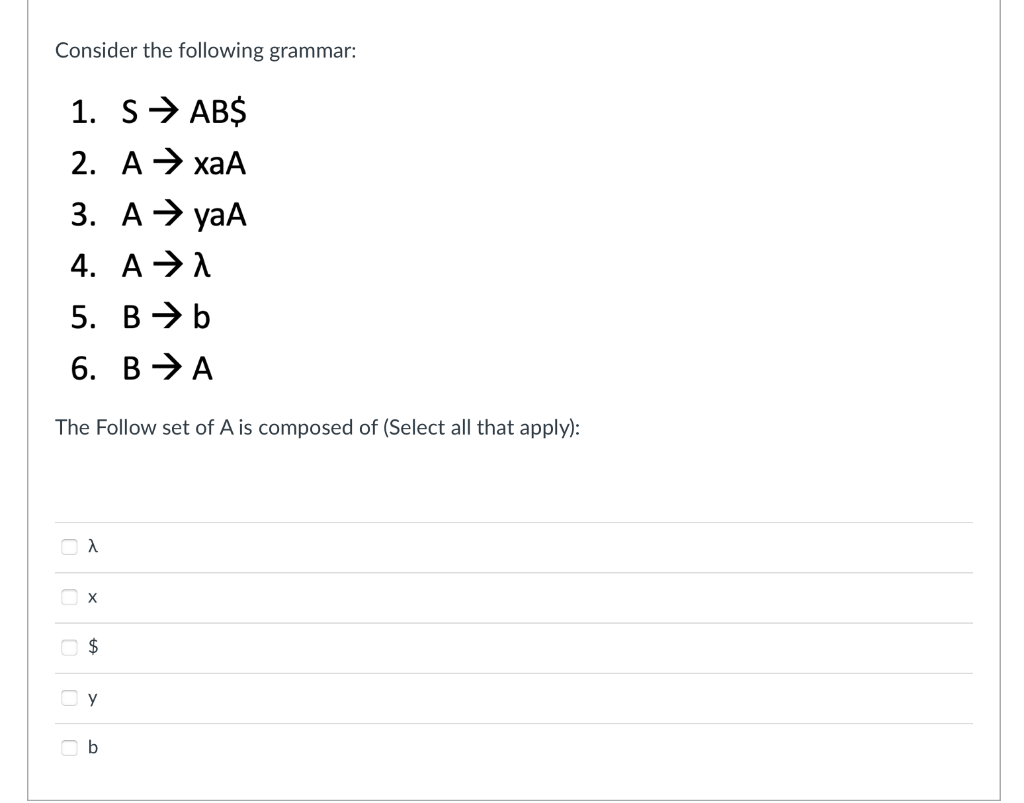 Solved Consider The Following Grammar: 1. S→AB$ 2. A→xaA 3. | Chegg.com ...