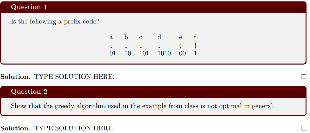 Solved Question 1 Is the following a prefix code? a b d e f | Chegg.com