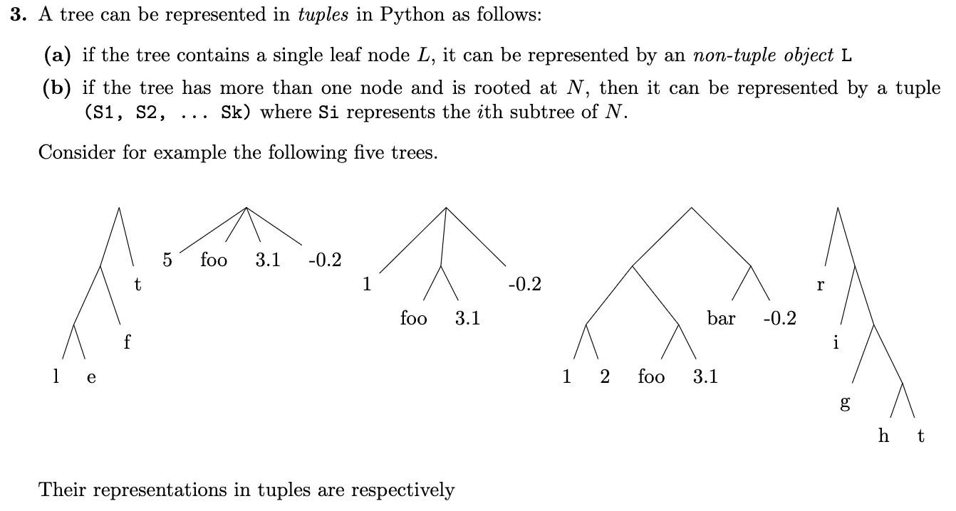 Solved 3. A tree can be represented in tuples in Python as | Chegg.com