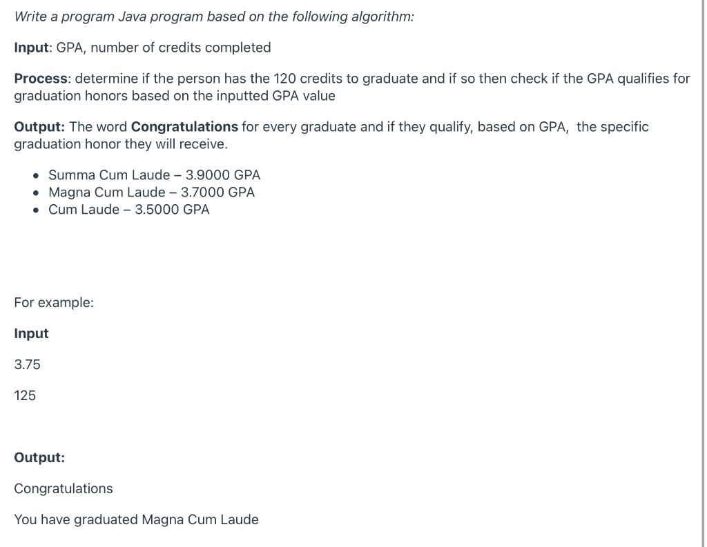 Solved Write a program Java program based on the following | Chegg.com
