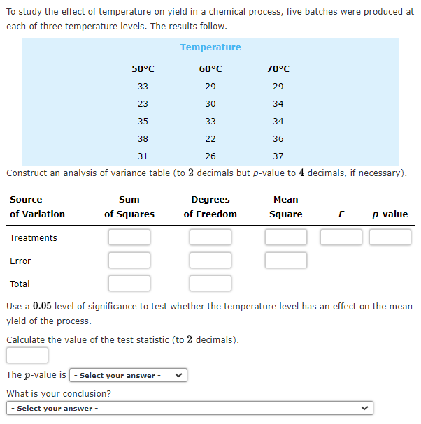 Solved To study the effect of temperature on yield in a | Chegg.com