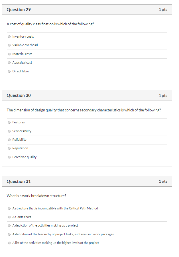 Solved Question 29 1 pts A cost of quality classification is | Chegg.com