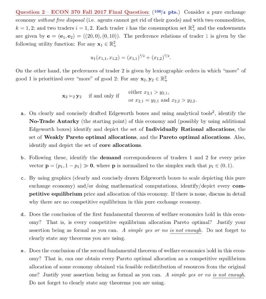 Solved Question 2 - ECON 370 Fall 2017 Final Question: (1004 | Chegg.com