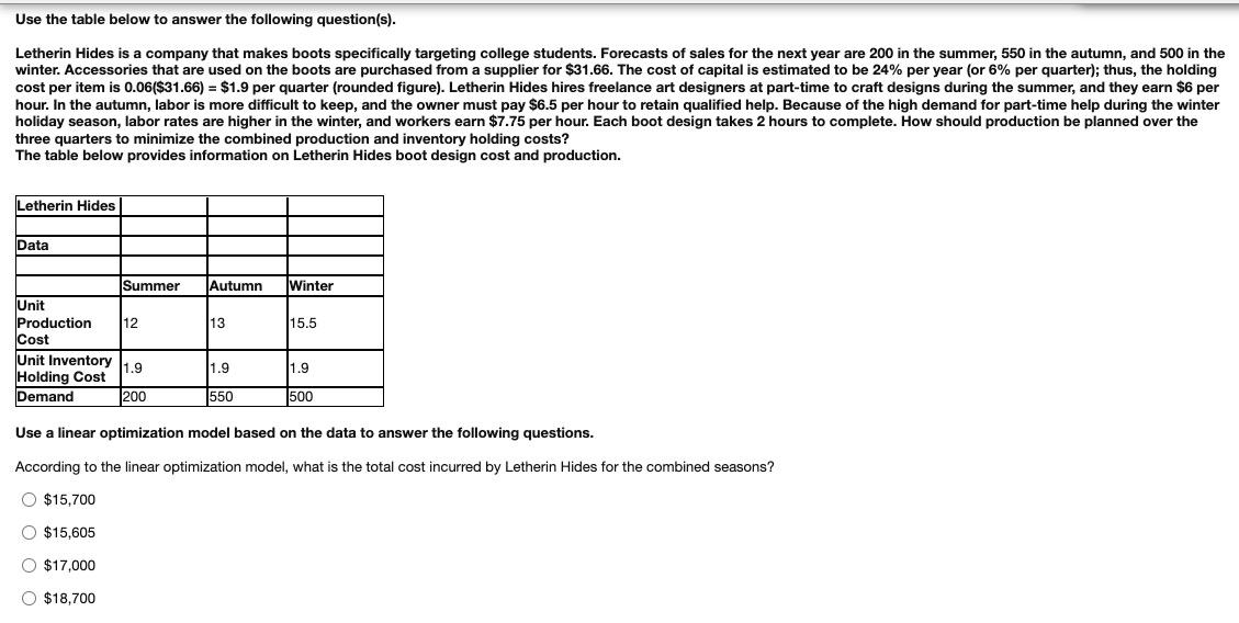 Solved Use The Table Below To Answer The Following | Chegg.com