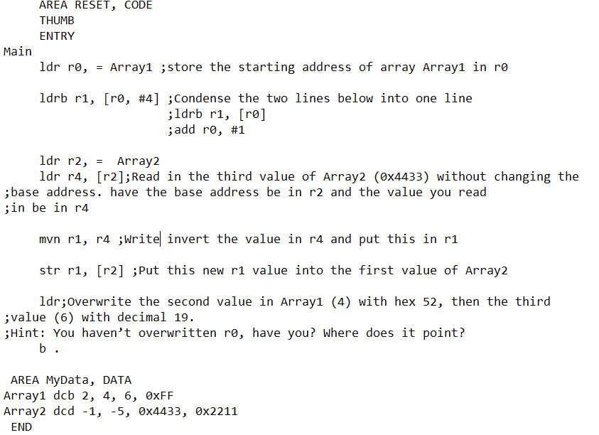 Solved AREA RESET, CODE THUMB ENTRY Main ldr ro, = Array1 ; | Chegg.com