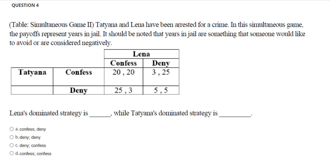 Solved QUESTION 4 (Table: Simultaneous Game II) Tatyana and | Chegg.com