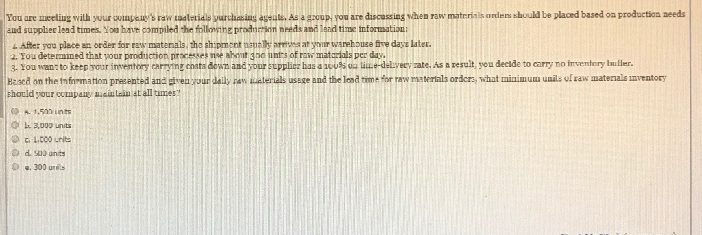 Solved You are meeting with your company&rsquo;s raw materials | Chegg.com