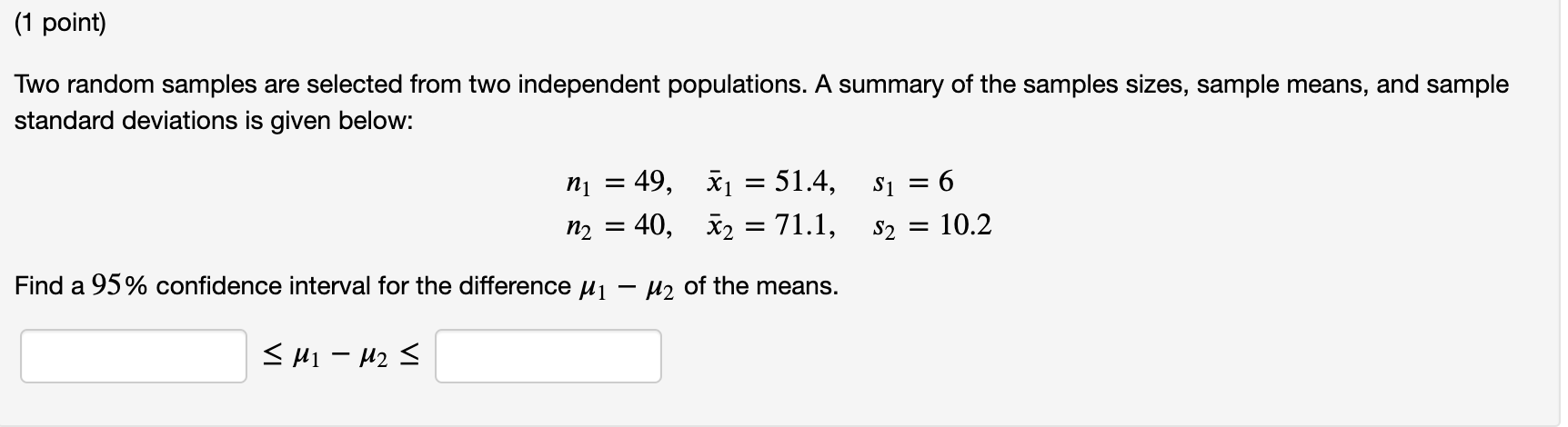 Solved (1 point) Two random samples are selected from two | Chegg.com