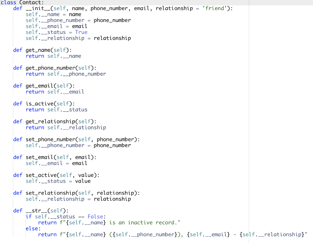 Solved class Contact def __init__(self, name, phone_number,