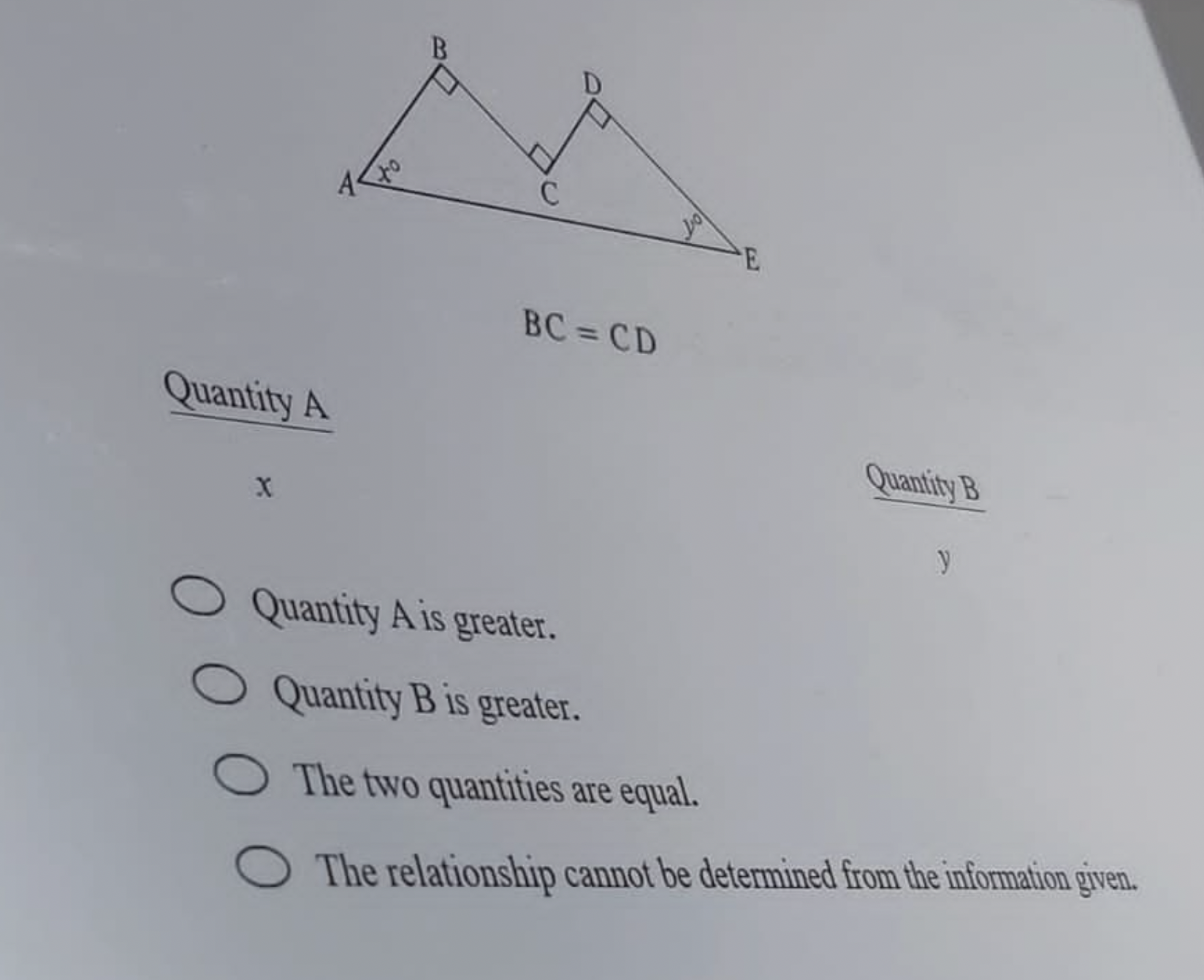 Solved BC=CD Quantity A x Quantity B Quantity A is greater. | Chegg.com