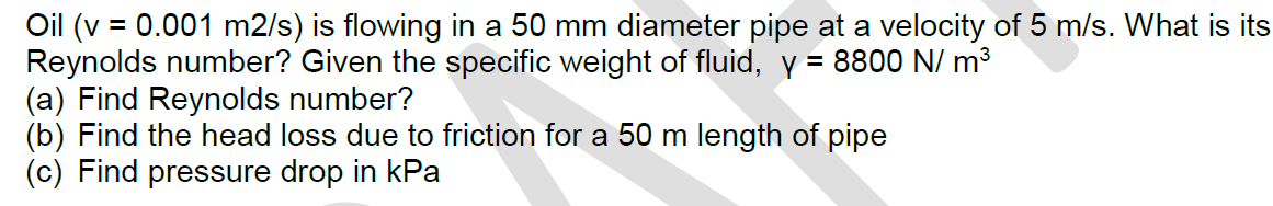 Solved Oil (v = 0.001 m2/s) is flowing in a 50 mm diameter | Chegg.com