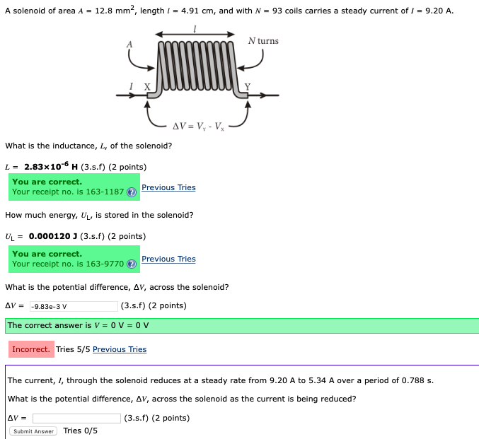 Solved A solenoid of area A=12.8 mm2, length l=4.91 cm, and | Chegg.com