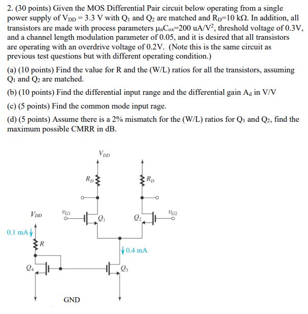 Solved 2. (30 points) Given the MOS Differential Pair | Chegg.com