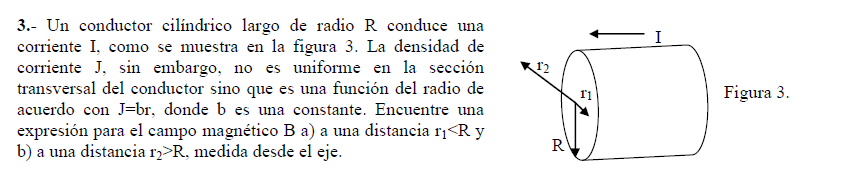 3.- Un conductor cilíndrico largo de radio \( \mathrm{R} \) conduce una corriente I, como se muestra en la figura 3. La densi