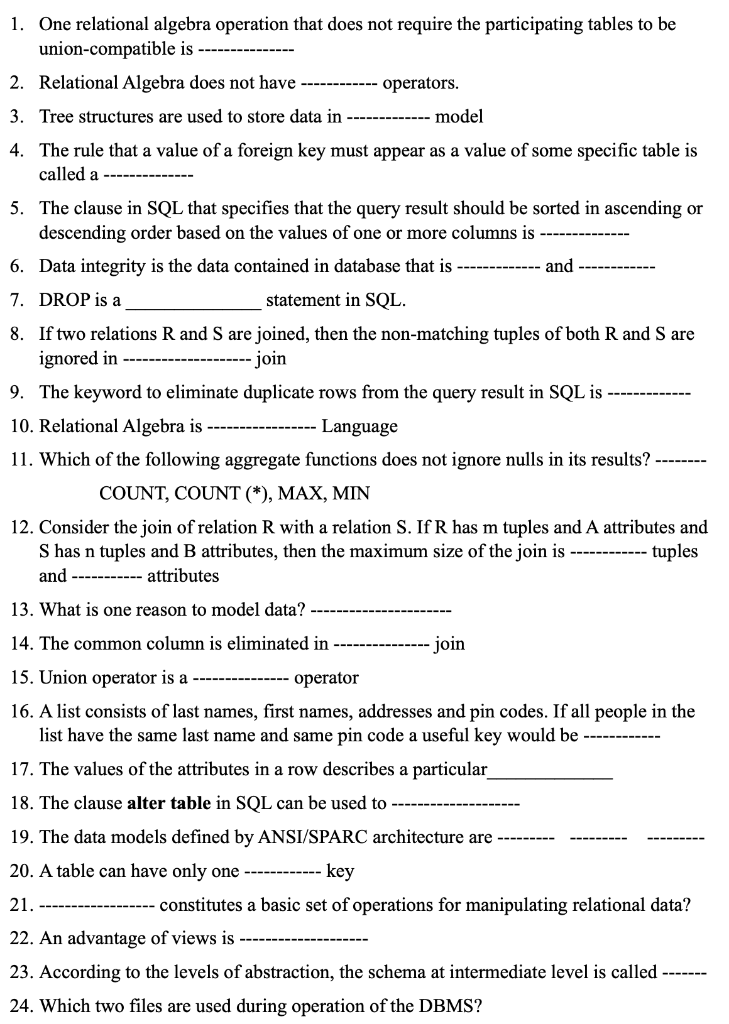 Solved 1. One relational algebra operation that does not | Chegg.com