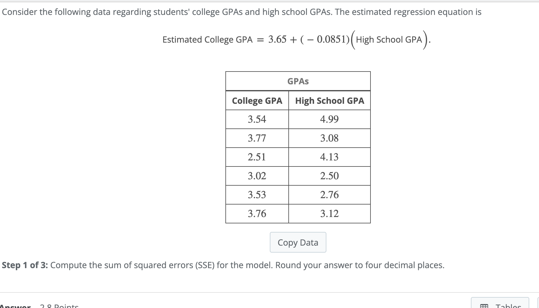 Solved Estimated College GPA =3.65+(−0.0851)( High School | Chegg.com