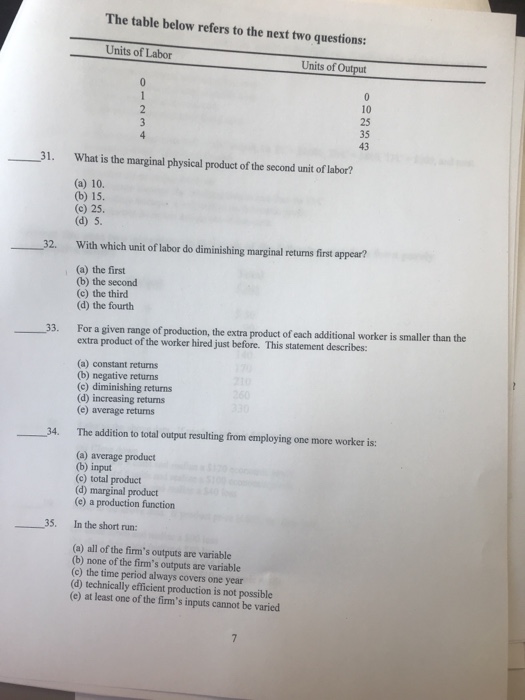 Solved The table below refers to the next two questions: | Chegg.com