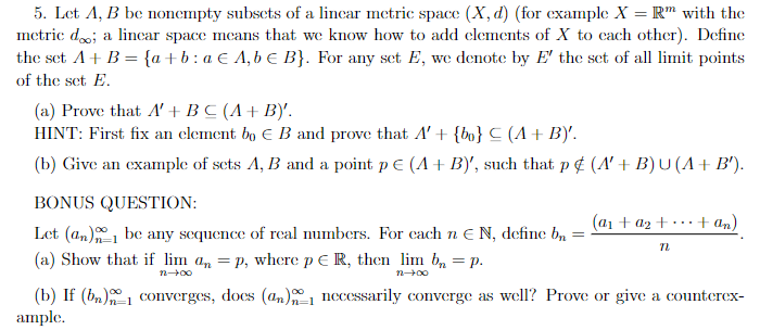 5. Let A,B Be Nonempty Subsets Of A Linear Metric | Chegg.com