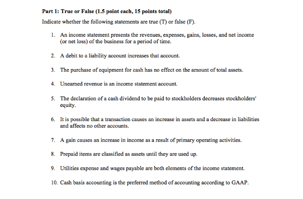 Solved Part 1: True or False (1.5 point each, 15 points | Chegg.com