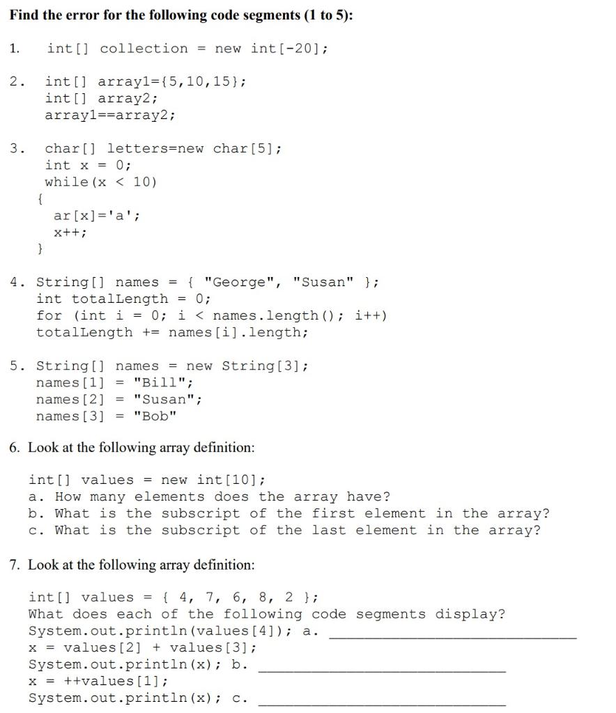 Solved Find the error for the following code segments (1 to | Chegg.com
