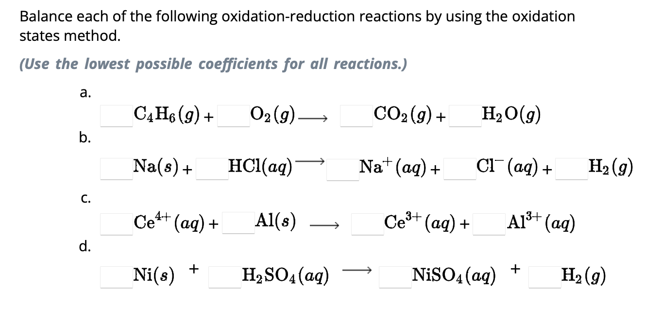 Solved Balance each of the following oxidation-reduction | Chegg.com