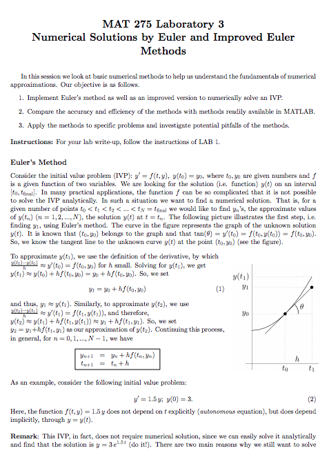 MAT 275 Laboratory 3 Numerical Solutions by Euler and | Chegg.com