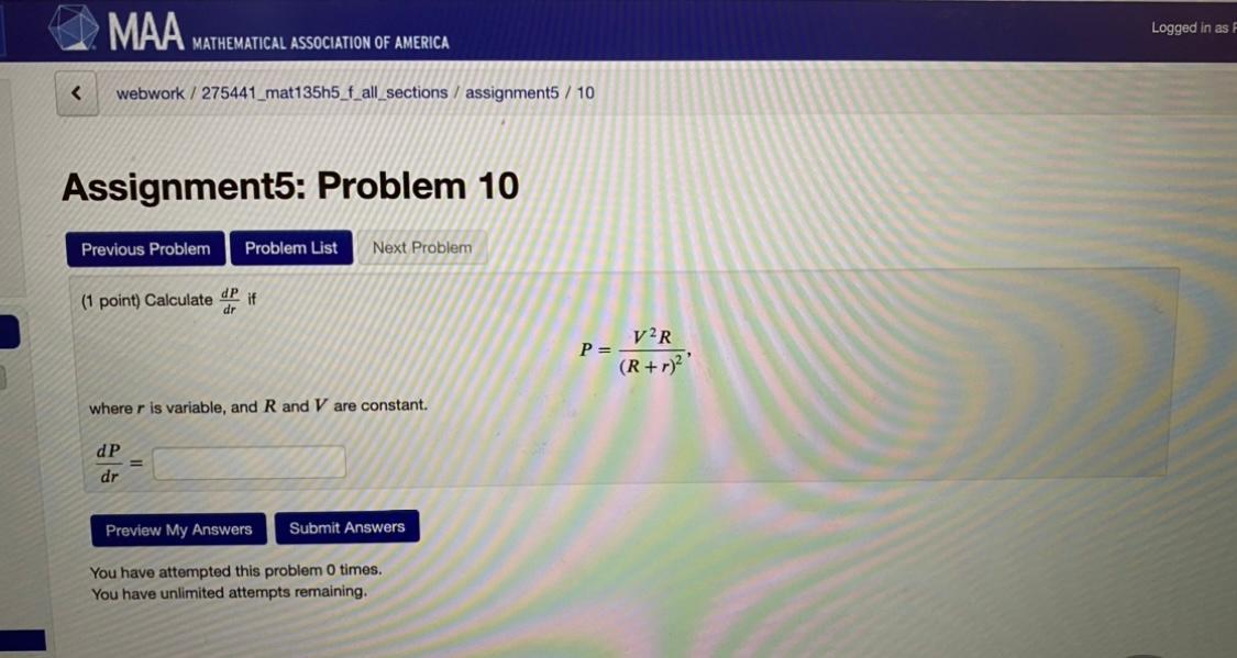 Solved (1 point) Calculate drdP if P=(R+r)2V2R, where r is | Chegg.com