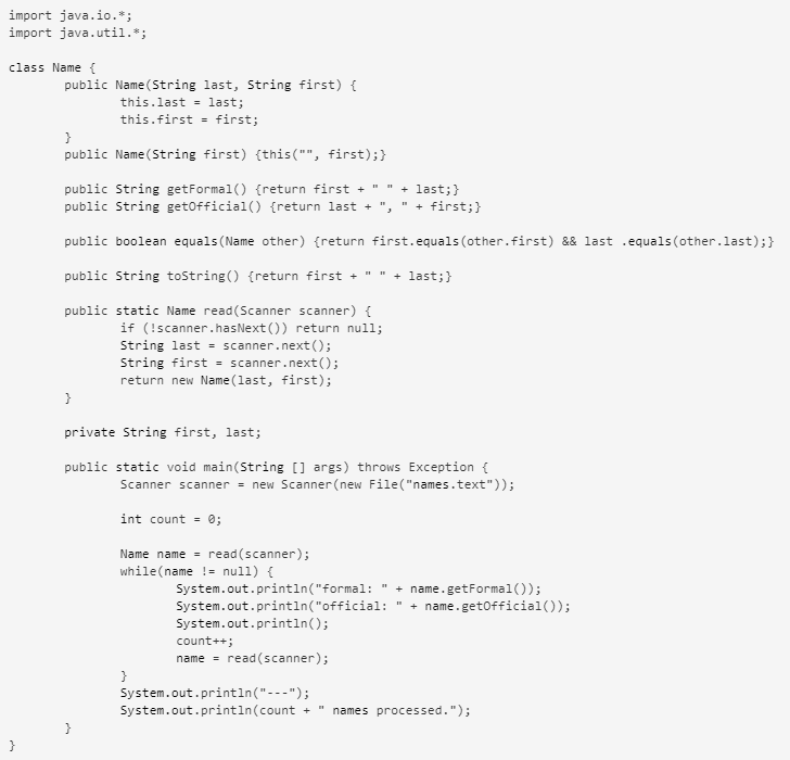 Solved Below is a working Name class with the following | Chegg.com