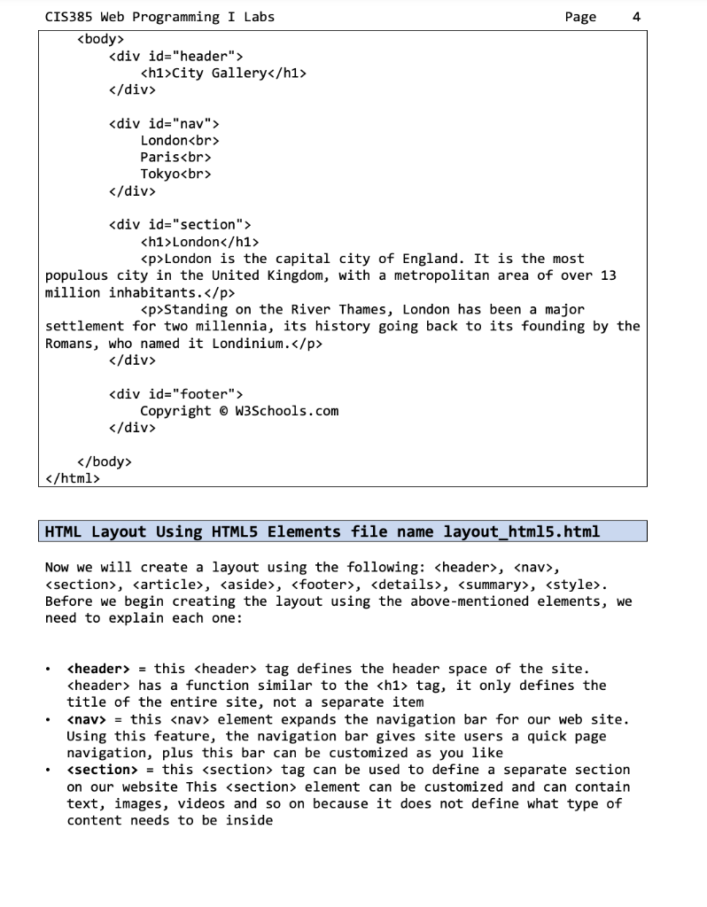 Solved CIS385 Web Programming I Labs Page 1 HTML Layouts A | Chegg.com
