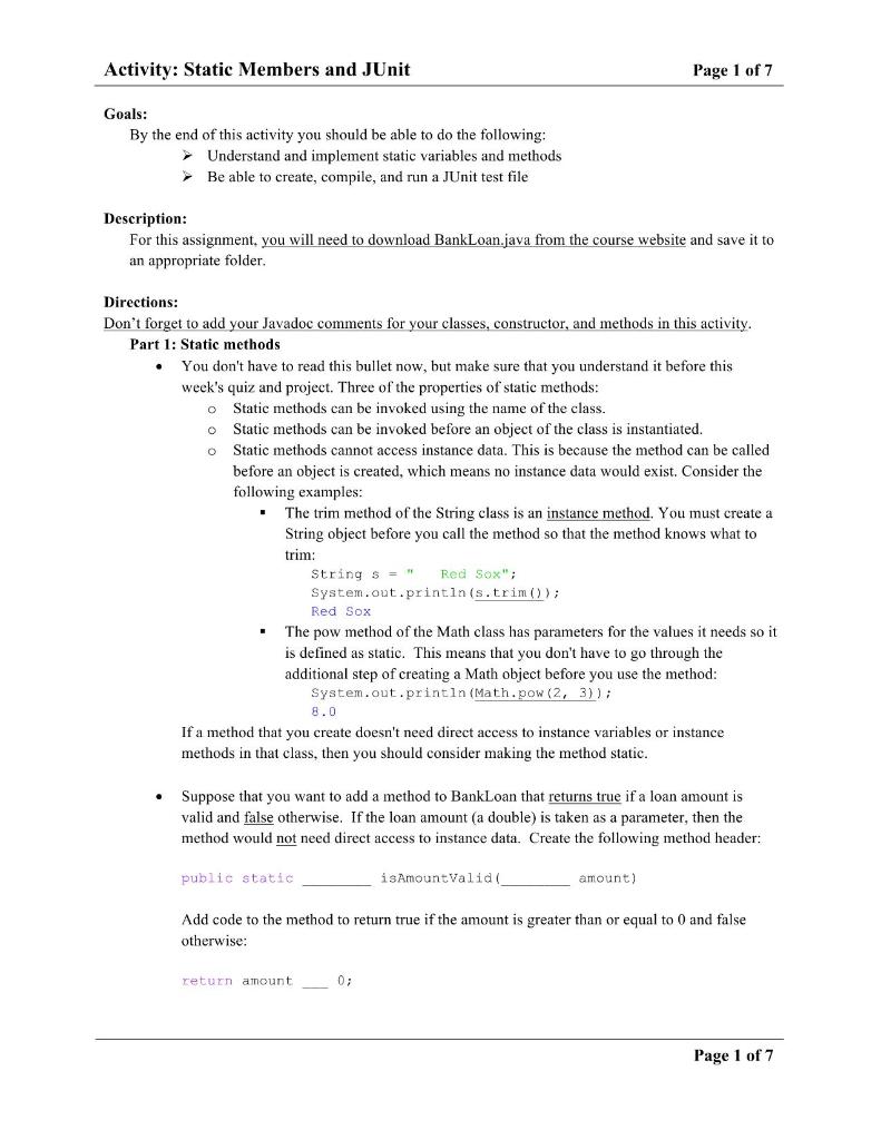 Solved Activity: Static Members and JUnit Page 1 of 7 Goals: | Chegg.com