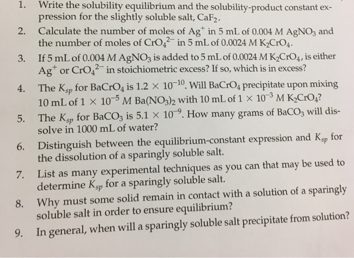 Solved 1. Write the solubility equilibrium and the | Chegg.com