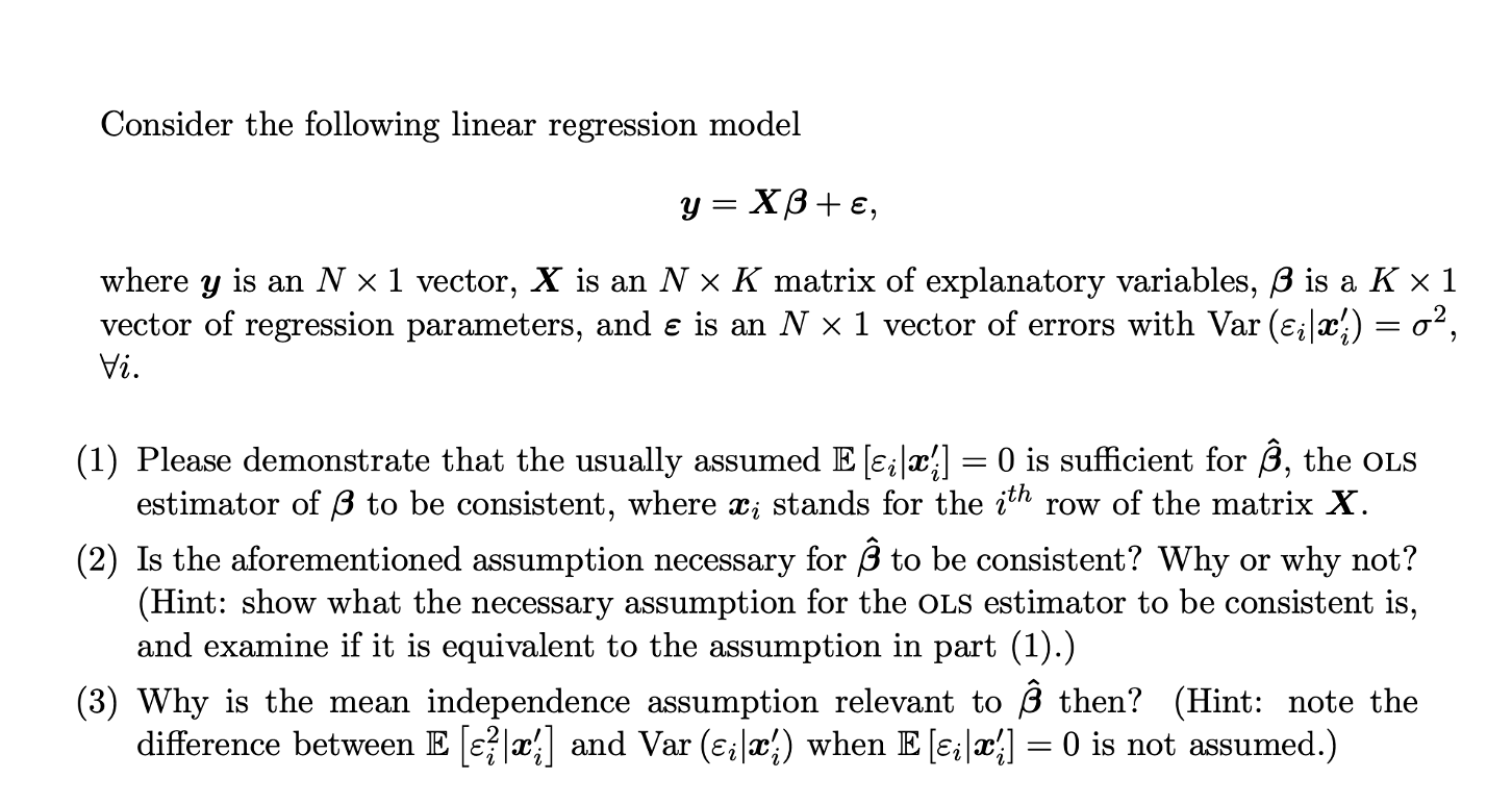 Solved Consider The Following Linear Regression Model Yxβε 7068