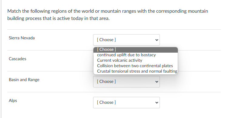 Solved Match the following regions of the world or mountain | Chegg.com