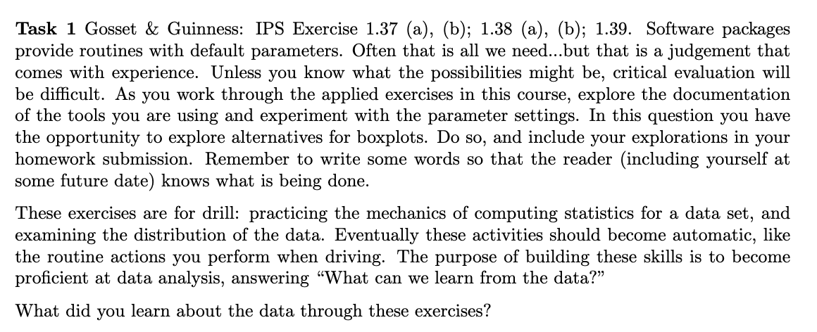 Task 1 Gosset \& Guinness: IPS Exercise | Chegg.com