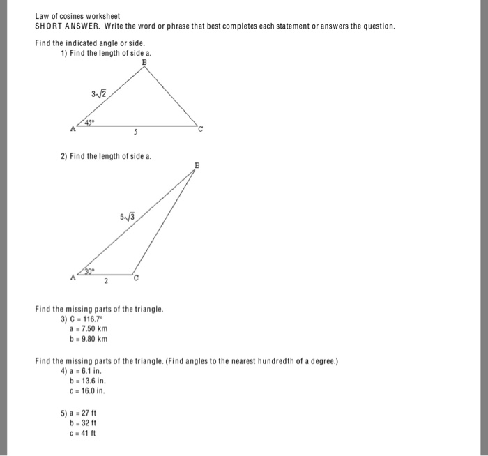 law of cosines homework answers