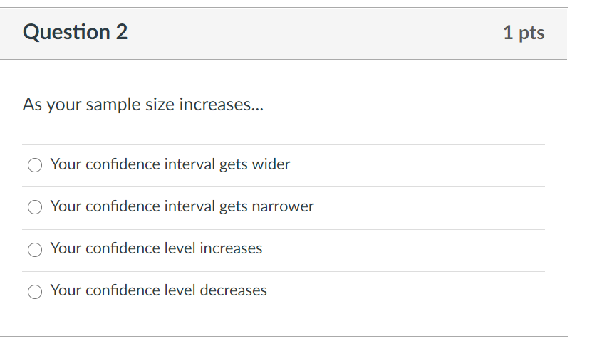 Solved Question 2 1 pts As your sample size increases... | Chegg.com