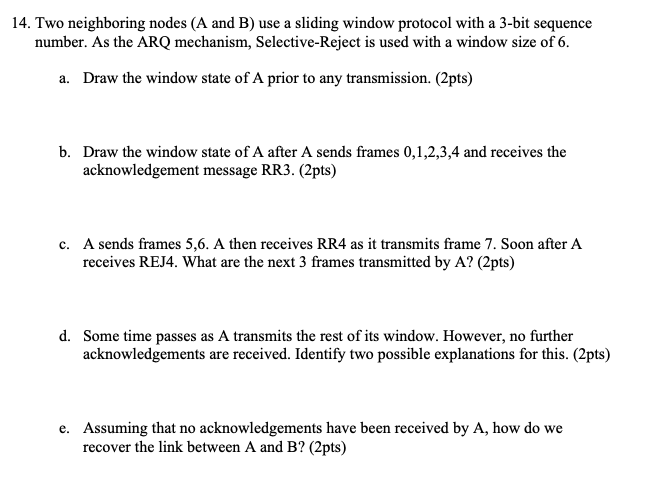 Solved 14. Two neighboring nodes (A and B) use a sliding | Chegg.com