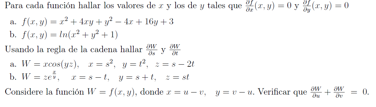 Para cada función hallar los valores de \( x \) y los de \( y \) tales que \( \frac{\partial f}{\partial x}(x, y)=0 \) y \( \