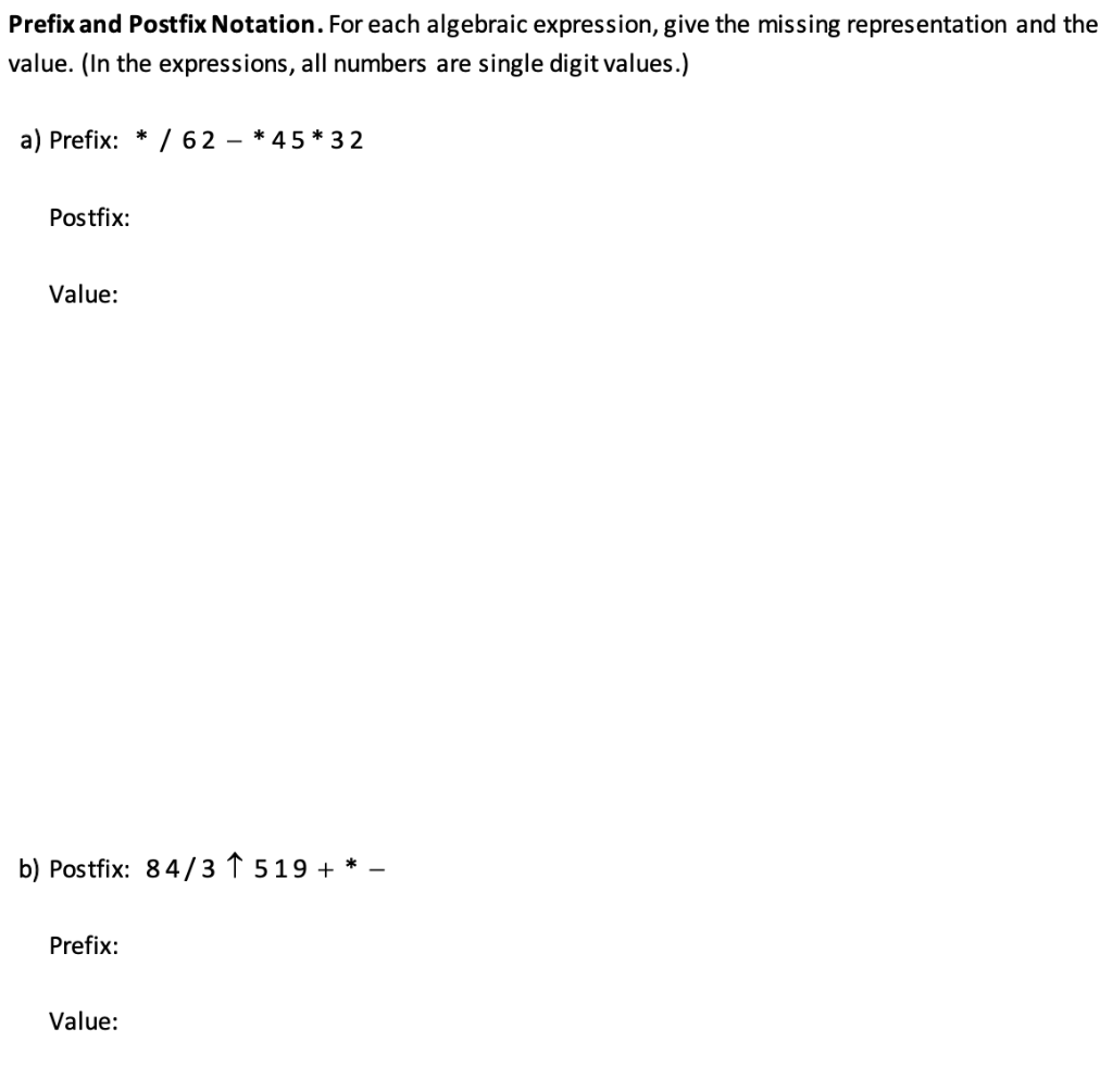 Solved Prefix and Postfix Notation. For each algebraic | Chegg.com
