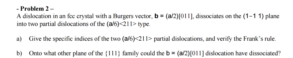- Problem 2- A dislocation in an fcc crystal with a | Chegg.com