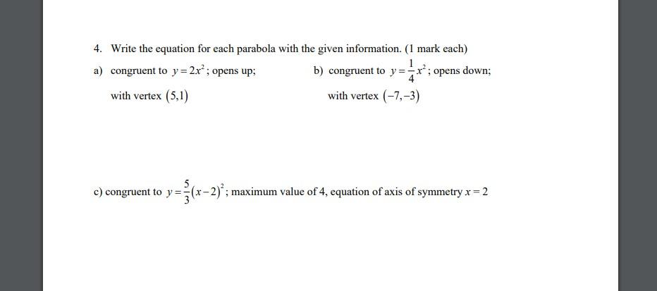 Solved 1 4 Write The Equation For Each Parabola With The Chegg Com